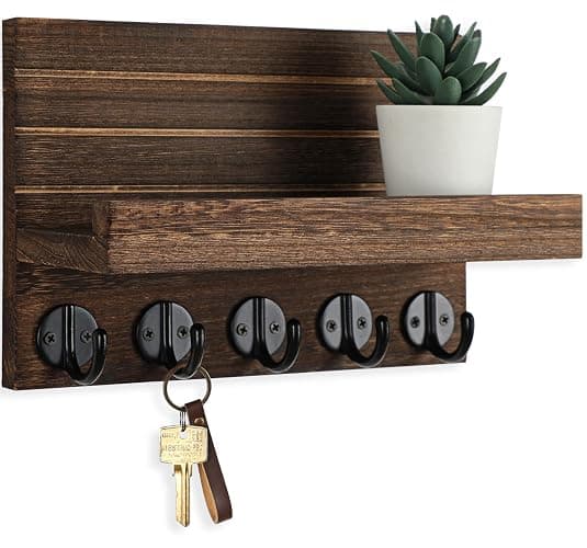 Lwenki Key Holder for Wall, Decorative Key and Mail Holder with Shelf Has Large Key Hooks for Bags, Coats – Paulownia Wood Key Hanger with Mounting Hardware (9.8”W x 6.7”H x 4.2”D) (Brown) - Image 1
