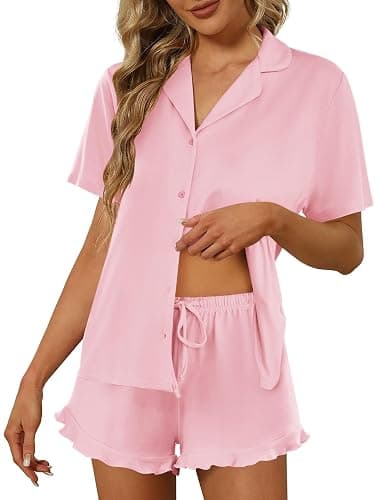 Ekouaer Pajamas Set for Women Short Sleeve Sleepwear Button Down Pjs Lounge Sets Soft Nightwear - Image 1