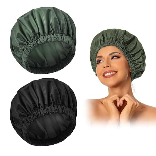 Reusable Shower Cap for Women, Large Waterproof Shower Bonnet Washable Elastic Band Bath Accessories Hair Hat for Long Hair, Braids(Black&Green) - Image 1
