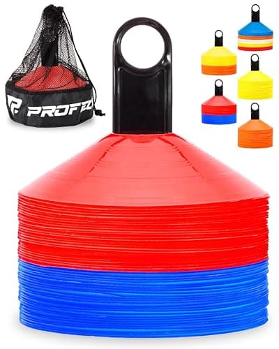 Pro Disc Cones (Set of 50) - Agility Soccer Cones with Carry Bag and Holder for Sports Training, Football, Basketball, Coaching, Practice Equipment, Kids - Includes 15 Best Cone Drills Book - Image 1