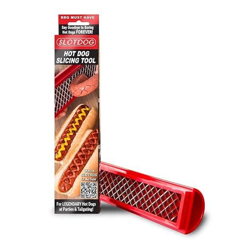 SLOTDOG - Hot Dog Slicing Tool - Stainless Steel Cutter Blades for Kitchen, Grilling, Tailgating, Camping and Backyard Outdoor BBQ - 10 inch - Red - Image 1