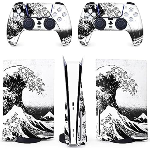 BelugaDesign PS5 Wave Japanese Skin | Painting Great Kanagawa Vinyl Cover Wrap Sticker Full Set Console Controller | Compatible with Sony PlayStation 5 (PS5 Regular Disc, Black White) - Image 1