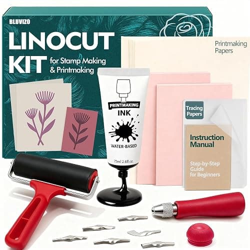 Linocut Kit for Printmaking & Stamp Making: Linocut Tools Block Printing Kit Supplies with Linoleum Blocks, Ink, Brayer, Guide for Beginners - DIY Hobby & Christmas Birthday Gift for Adults & Kids - Image 1