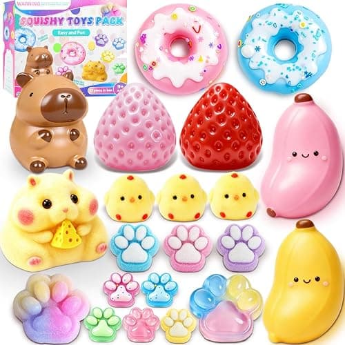 21Pcs Taba Toys Pack - Big Squishy Fidget Stress Relief Squeze Toys Kit, Includ Animals, Strawberry, Paw, Banana, Donut, Hamster, Chick, Cute Squishies Squishys Birthday for Girls Kids - Image 1