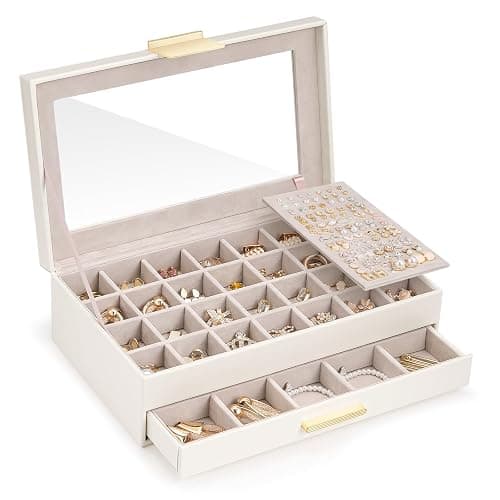 Lolalet Earring Storage Box Case, Large Earring Jewelry Holder Organizer for Women, Glass Top Display, with Drawer and Grid -2 Tiers,White - 2-Tier - White - Image 1