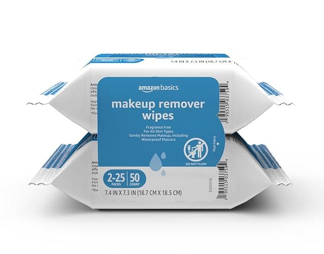 Amazon Basics Makeup Remover Wipes, Formulated without Fragrance and Alcohol-Free, Gentle Cleansing, Removes Waterproof Mascara, Dermatologist Tested, 25 Count, Pack of 2 - Image 1