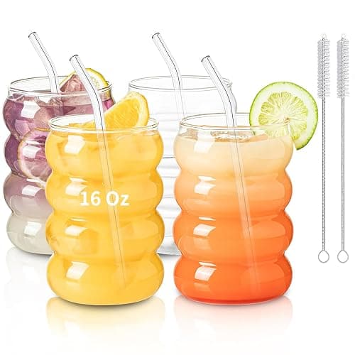 KEMORELA 16oz Wave Shape Beverage Glasses With Straws,Vintage Glass Cups Wine Mugs Set, Ripple Drinking Glasses,for Juice Beer Wine Champagne Cocktail Home Kitchen Bar Mixed Drinks (4PCS) - Image 1