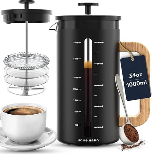 Home Hero Caffettiera francese con manico in legno di bambù, pressa francese in vetro borosilicato spesso resistente al calore, filtro a 4 strati, pressa francese in acciaio inox (Black) - Image 1