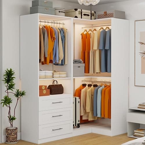 Secilix Closet System with 3 Wooden Drawers, 4.5-6FT Corner Closet Organizer System for Walk in Closet, Heavy Duty Modular Closet Systems, Built-in Shelving System with 5 Hanging Rods, 2-Piece Set - Image 1