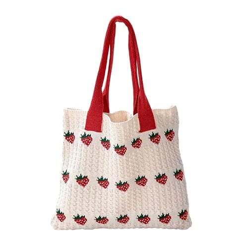 Stizimn Cute Strawberry Pattern Tote Bag Crochet Tote Bag Shoulder Bag Handbags Knitting Bag Aesthetic Handmade Weaving - Image 1