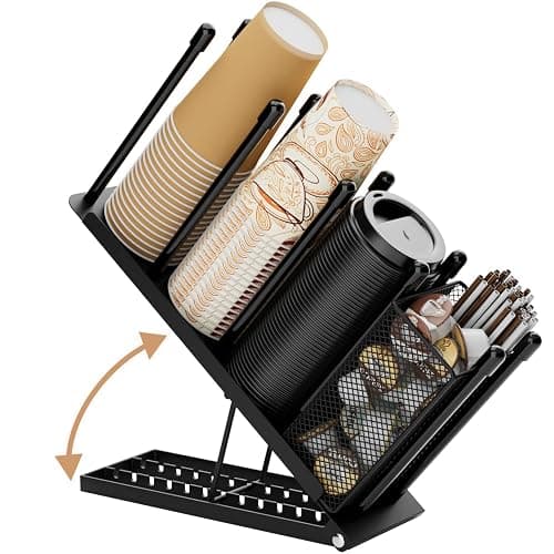 OVICAR Cup and Lid Holder - Adjustable Coffee Cup Holder Organizer 4 Compartment Disposable Cup Dispenser with Coffee Pod Straw Storage Basket for Coffee Station Bar Countertop Breakroom Metal Black - Image 1