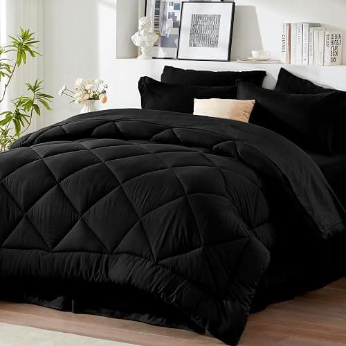 Newspin Full Comforter Set Black - Bed in a Bag Full Size 8 Pieces, All Season Bed Set, Fluffy Comforter Set with Sheets, Sheet Set Quilt Blanket, Pillowcases & Shams & Bed Skirt - Black - Diamond - Full - Image 1