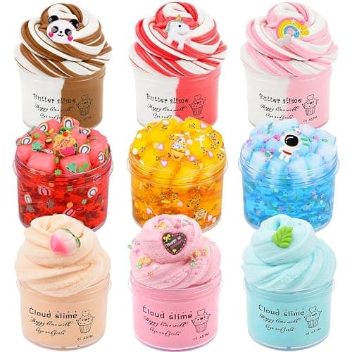 9 Pack Slime Kit with 3 Butter, 3 Cloud & 3 Jelly Cube Crunchy Slime, Non-Sticky DIY Toys for Kids, Stress Relief Birthday Gift & Party Favor, Classroom Treat Bags - Image 1