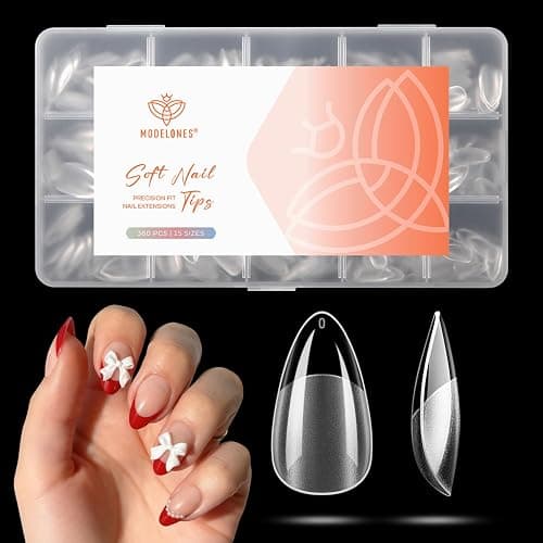 modelones Short Almond Nail Tips, 360pcs Pre-etched Clear Soft Press On Fake Nails Full Cover Half Matte Acrylic Gel Tips Extension for Salon & Home Use 15 Sizes - Image 1