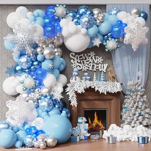 140Pcs Ice Snow Balloons Garland Arch Kit, Blue Silver White Latex Balloon with Transparent Snowflake Foil Balloon for Winter Wonderland Christmas Snowflake Holiday Birthday Party Decor - Image 1