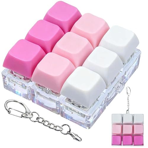 Keyboard Fidget Toy Clicker Fidget Keychain, 9-in-1 Stress Relief Desk Toys Decompression Button Keyboard with Removable Keycaps, Anxiety Relief Valentine's Day Gifts (3 Color-Rose Pink White) - Image 1