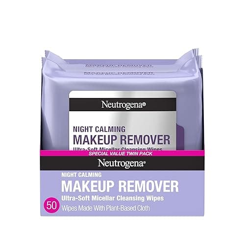 Neutrogena Night Calming Makeup Remover Face Wipes, Nighttime Cleansing Towelettes Remove Sweat, Dirt & Makeup & Calms Skin, Hypoallergenic, 100% Plant Based Cloth, 50 Count (2 Packs of 25) - Image 1