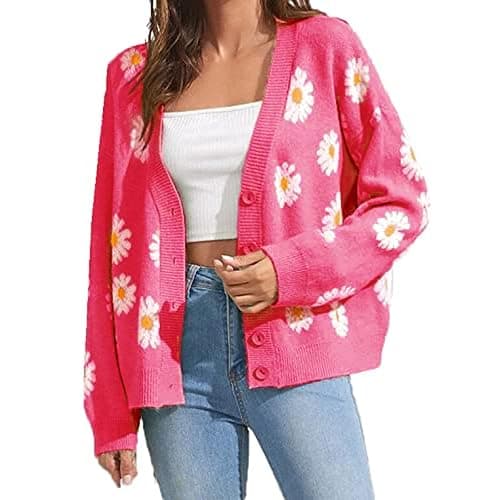 Hyipels Women's Long Sleeve Cardigan Sweater,Cute Y2K Top Knit Colorful Patterned V Neck Button Outwear S~XL - Image 1