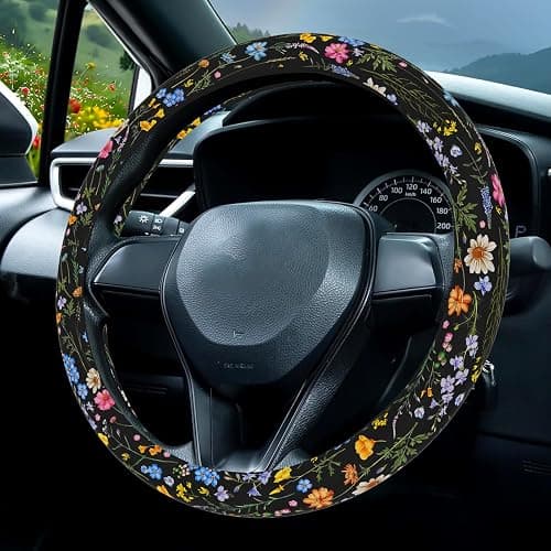 Wildflower Car Steering Wheel Cover, Flower Car Accessory for Diverse Cars, Cute Floral Print Steering Wheel Cover Protector for Women, for Steering Wheel with a Diameter of 14.5"-15" (Wildflower) - Image 1