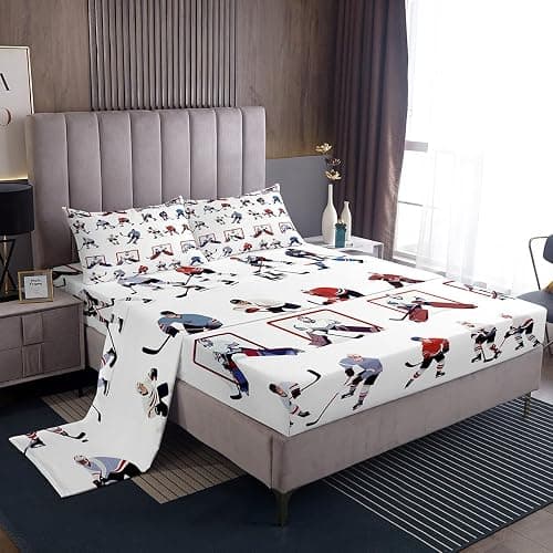 Ice Hockey Sheet Set Twin Kids Sports Event Bedding Set Hockey Player Bed Sheets for Boys Bedroom Decor Soft Winter Sports Hockey Puck Bed Set (Twin Flat Sheet & Fitted Sheet with 1 Pillow Case) - Image 1