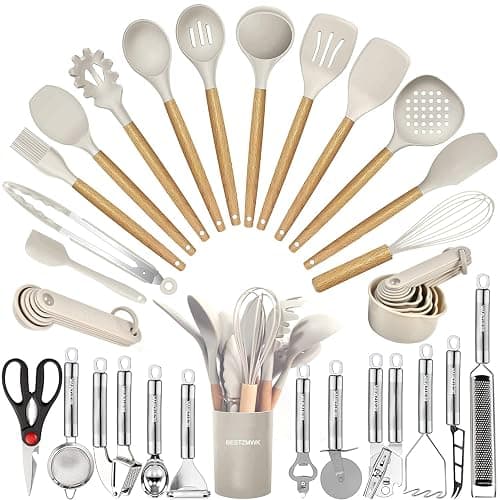Kitchen Utensils Set- 35 PCs Cooking Utensils with Grater,Tongs, Spoon Spatula &Turner Made of Heat Resistant Food Grade Silicone and Wooden Handles Kitchen Gadgets Tools Set for Nonstick Cookware - Image 1