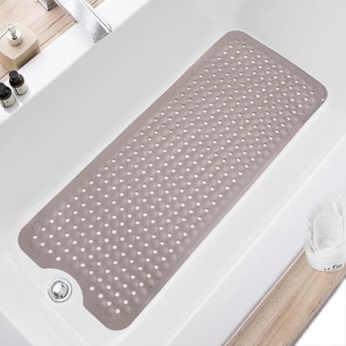 TEESHLY Bath Tub and Shower Mats, Non Slip 40 x 16 Inch Extra Long Bathtub Mat, Machine Washable Bathmat with Drain Holes, Suction Cups for Bathroom Floor, Tan - Tan - Image 1