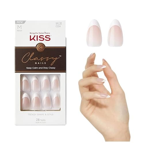 KISS Classy, Press On Nails, Nail glue included, 'Dashing', White, Medium Size, Almond Shape, Includes 28 Nails, 2g glue, 1 Manicure Stick, 1 Mini File - Image 1