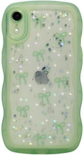 Qokey for iPhone XR Case, Glitter Star & Curved Edge Handle Grip Design, Military-Grade Shockproof Clear TPU Cover, Sparkle Protection Scratch-Resistant, Holographic Sage Green Bow - Image 1