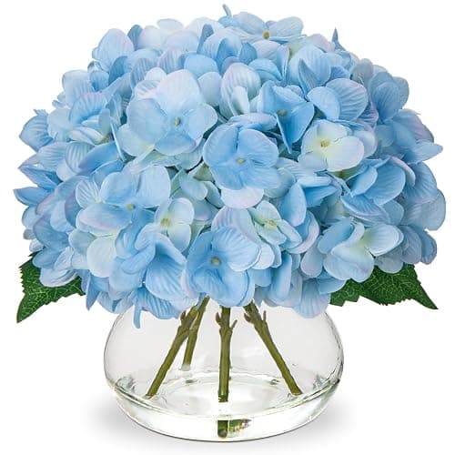 Hollyone Hydrangea Artificial Flowers with Vase Blue Silk Fake Flowers Arrangements in Glass Vase with Faux Water Faux Floral Bulk Bouquet for Home Decor Bathroom Table Centerpiece Shelf Decorations - Image 1