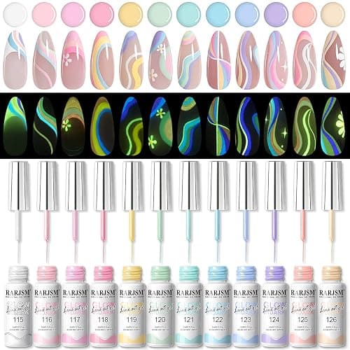RARJSM Glow in The Dark Gel Liner Nail Art 12 Colors Soft Pastel Neon Blue Purple Pink Green Painting Luminous Gel Nail Polish Set UV LED Curing Requires Thin Brush Stripe for Swirl Nails Design - Image 1