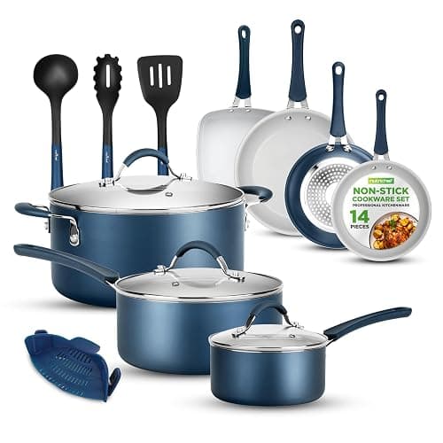 NutriChef 14-Piece Navy Blue Nonstick Cookware Set - Durable Pots and Pans Set with Lids & Utensils, Compatible with All Cooktops - Image 1