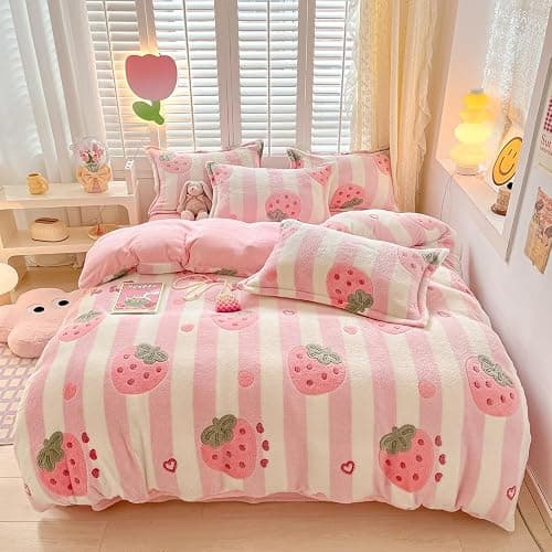 OranFran Pink Strawberry Kids Duvet Cover Set Cute Kawaii Bedding Set Twin Size Snowflake Fluffy Comforter Cover Blanket Soft Reversible Duvet Cover Room Decor (Strawberry,Twin) - Image 1