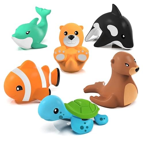Tub Works® Marine™ Mold Free Bath Toys, 6 Pack | Sealed, No Hole Bath Toys Design Keeps Moisture Out | Soft, Squeezable & Float on Water | Easy-Grip Baby & Toddler Bath Toys | Great Baby Pool Toys - Marine - Image 1