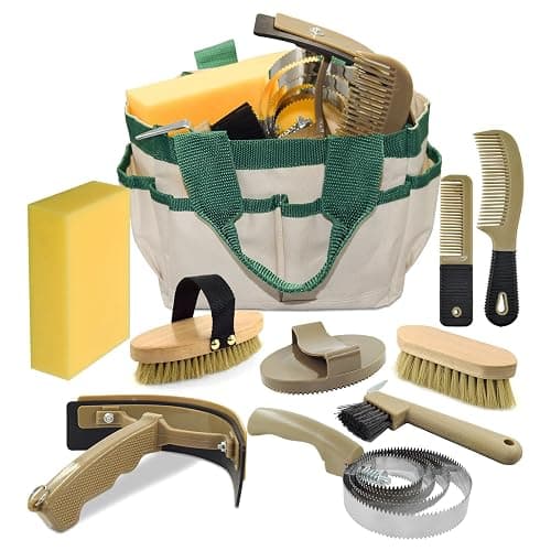inoreal Professional 9 Piece Horse Grooming Kit with Tote Bag, Horse Brush & Curry Comb Set for Effective Grooming and Bathing, Equine Coat Care Tack Room Supplies, Horse Gifts for Girls - Image 1
