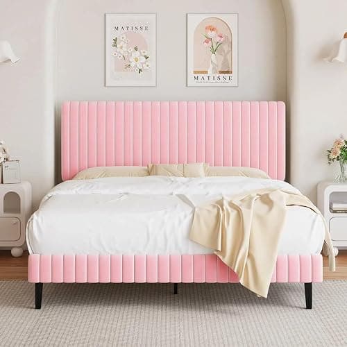 BarnFurin Full Size Bed Frame with Adjustable Headboard, Velvet Upholstered Platform Bed with Vertical Channel Tufted Design, No Box Spring Required, Easy Assembly, Pink - Image 1