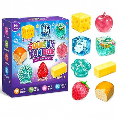 Squishy Fun Box 8 Piece Mystery Box Fun Set Pack,Blind Malt Sugar Moldable Soft Squishys Slow Rising Stress Ball for Anxiety Stress Party Favors (A Purple) - Image 1