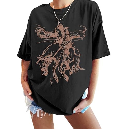 Pairxily Western Cowboy Shirts for Women Oversized Vintage Rodeo Graphic Tees Boho Country Music Cute Cowgirl Summer Tops - Image 1
