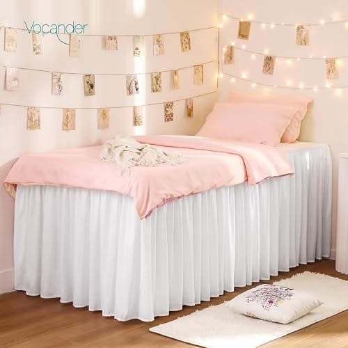 Vocander Dorm Bed Skirt Twin XL 25 Inch Drop Extra Long Bedskirt Easy to Put On Elastic Wrap Around Dust Ruffle Microfiber Fabric White Twin Size - White - Twin-25" Drop - Image 1