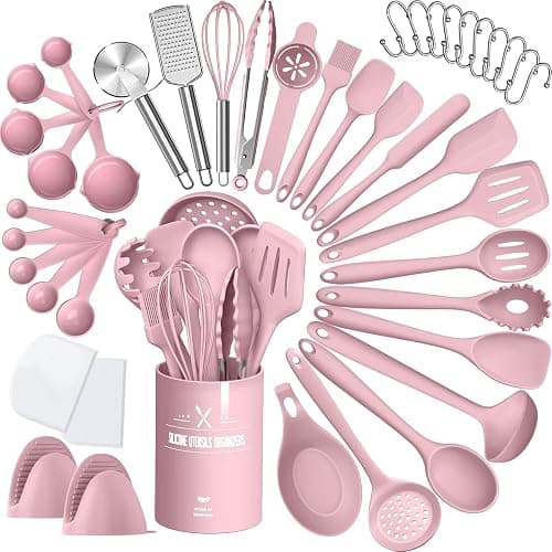 Silicone Cooking Kitchen Utensil Set, AIKKIL 43 Pcs Pink Cooking Utensils Set, Turner, Tongs, Spoon, Spatula, Kitchen Gadgets Tools Set For Nonstick Cookware, Heat Resistant (Dishwasher, BPA Free) - Image 1