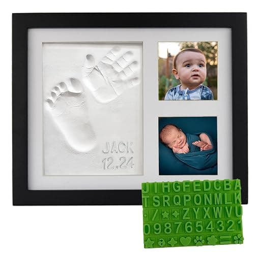 Baby Hand & Footprint Clay Keepsake Photo Frame Kit - w/Silicone Stencil for a Personalized Gift. Wood Frame, Wall/Table Mount. Perfect Registry, Baby Shower, New Mom, Birthday & Newborn Gift - Black - Image 1