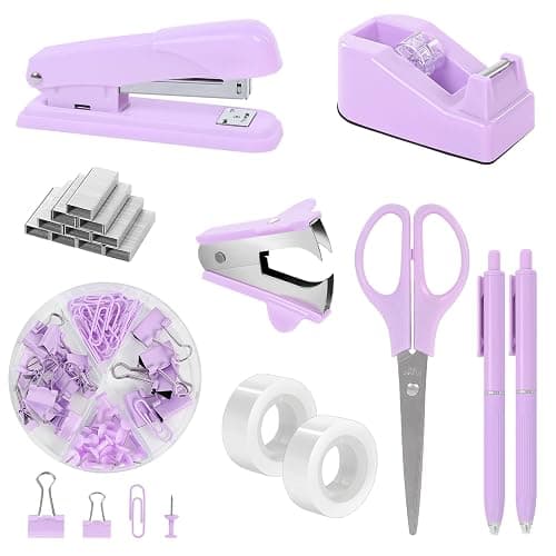 SKYDUE Purple Desk Accessories, Stapler and Tape Dispenser Set,10PCS | Purple Office Supplies Set, Stapler, Tape Dispenser, Scissors, Binder/Paper Clips and 1000pcs Staples - Image 1