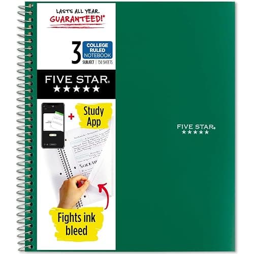 Five Star Spiral Notebook + Study App, 3 Subject, College Ruled Paper, Fights Ink Bleed, Water Resistant Cover, 8-1/2" x 11", 150 Sheets, Green (72067) - Green - 1 Count (Pack of 1) - Image 1