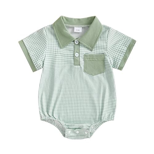 Demdzq Newborn Baby Boy Summer Clothes Short Sleeve Lapel Button Romper Up Loose Fit Plaid Jumpsuit Infant Baby Boy Outfit - Cute Green - 0-3 Months - Image 1