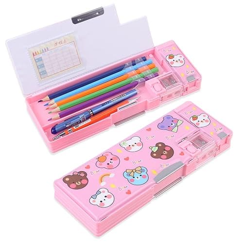 LilyBeauty Pop Up Multifunction Pencil Case for Girls and Boys, Cute Cartoon Pen Box Organizer Stationery with Sharpener, Schedule, School Supplies, Best Birthday Gifts for Kids【Pink-Bear】 - Image 1