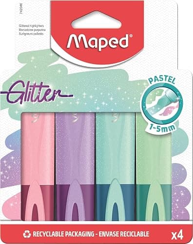 Maped Pastel Glitter Highlighters x 4 - Chisel Tip 1 to 5mm - Set of 4 Pastel Colours - Reusable Cardboard Pouch - Image 1