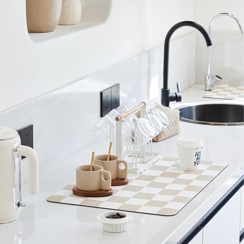 Ohocut Checkered Dish Drying Mat for Kitchen Counter, Coffee Bar Station Accessories, Retro Cute Aesthetic Modern Absorbent Drainer Mat Kitchen Drying Mat Easy Clean, Beige 12" x 19" - Image 1