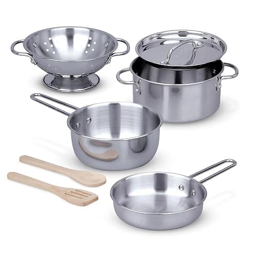 Melissa & Doug Stainless Steel Pots & Pans, 8 Piece Play Kitchen Set, Premium Play Kitchen Accessories & Cooking Utensils, Preschool Toys for Kids 3+ - Image 1