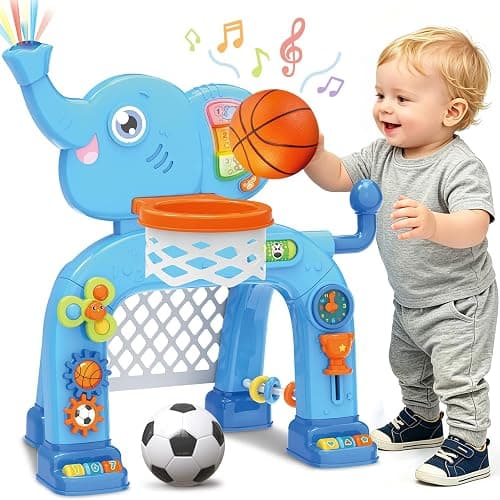 SpringFlower Toddler Basketball Hoop & Soccer Goal Activity Center Toys with Light & Music,Elephant Toddlers Musical Toys Gift, Baby & Toddlers Christmas Birthday Gift for 1 2 3 Year Old Boys & Girls - Image 1