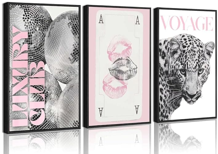 3PCS Pink Fashion Leopard Print Wall Art,Pink Black White Trendy Girly Canvas Posters,Aesthetic Pink Lip Print & Disco Ball Wall Decor for Teenage Girls' Bedrooms,University Dormitories,Apartment,Living Rooms and Dressing Rooms 12x16in Unframed - Image 1