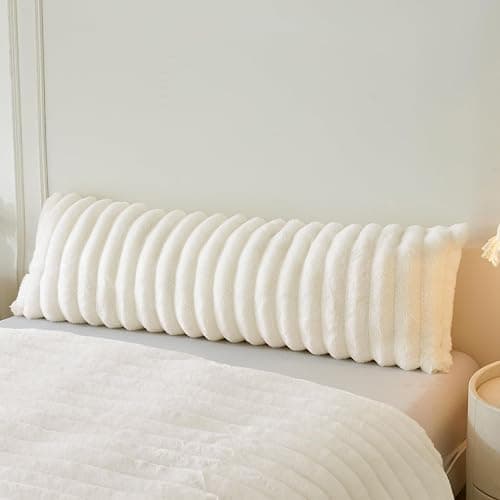 MEGO Fluffy Faux Rabbit Fur Body Pillow Cover, Cozy Plush Fuzzy Wide Striped 20x54 Ivory Body Pillowcase, Decorative Shaggy Furry Zippered Bedroom Long Pillow Cover for Pregnancy Side Sleeper, Beige - Image 1